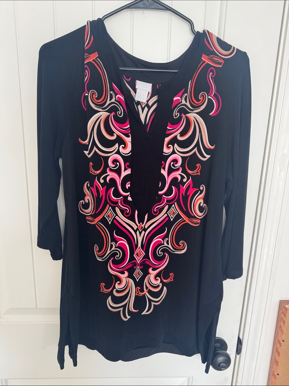 Chico's Black Tunic with Pink and Cream Scroll Motif